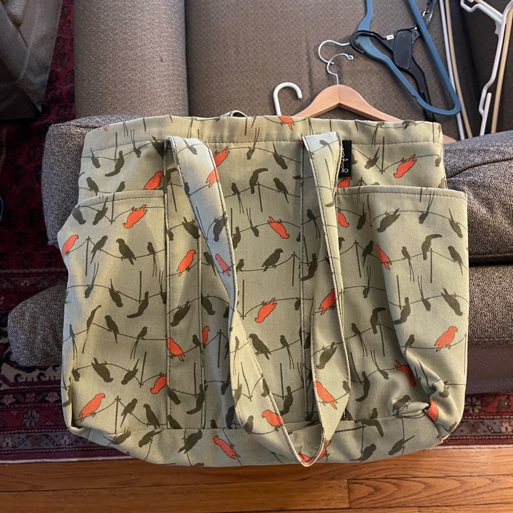Stylish Bird Print Tote Bag - Green and Orange